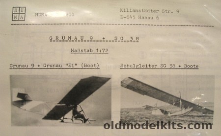 Huma Model 1/72 Grunau 9 And Schulgleiter SG-38 Gliders - Bagged plastic model kit